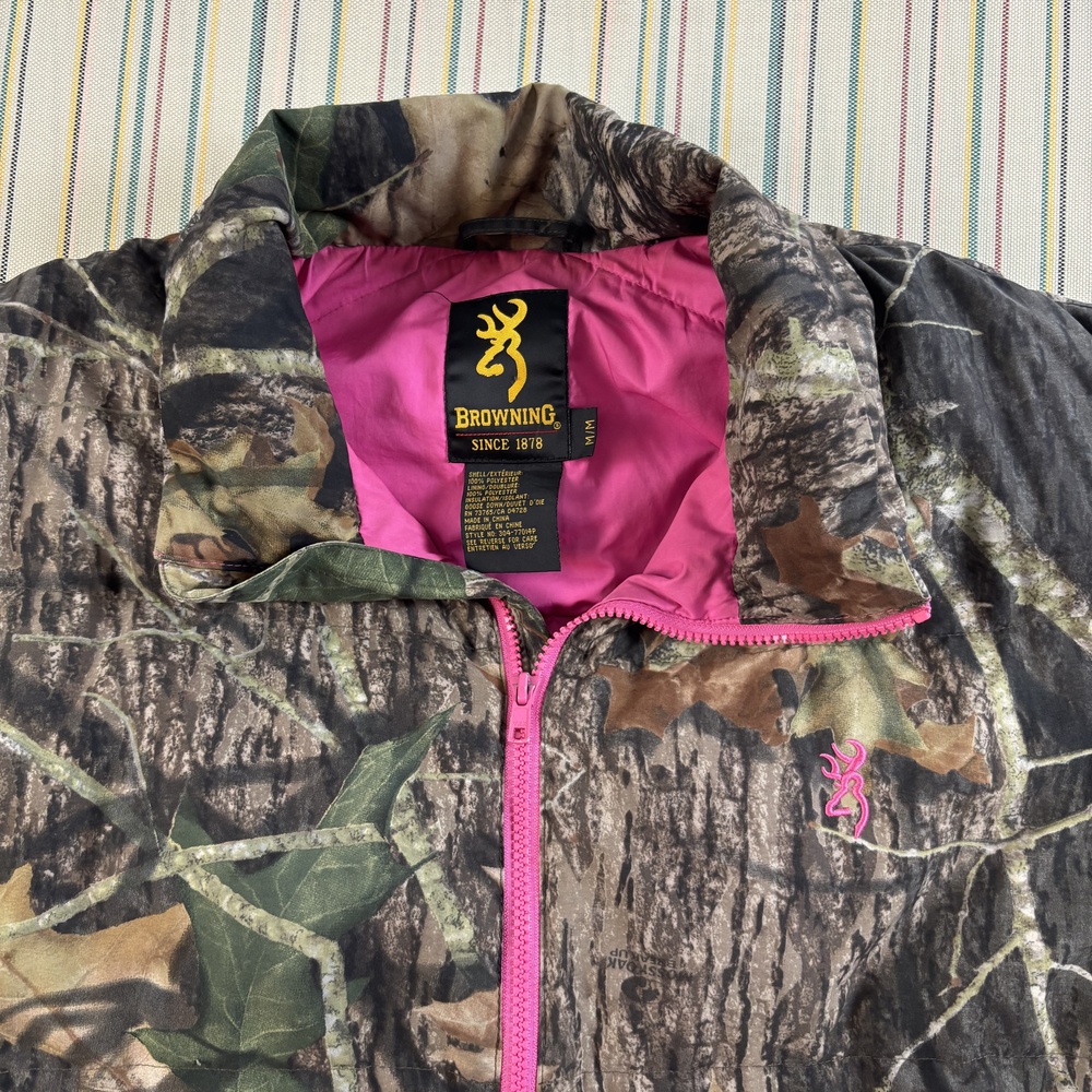 Browning Jacket Womens Medium Brown Camo Down Puffer Zip Pink Lined Outdoor EC
